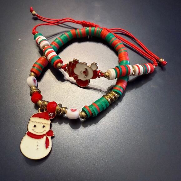 Pair of Santa Snowman Holiday Polymer Clay Beaded Bracelets - Picture 3 of 5